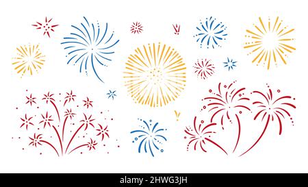 Colorful doodle firework set. Shiny foreworks for parties and celebrations. Vector illustration isolated in white background Stock Vector