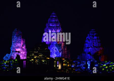 The Phimai Festival 2021 at Phimai Historical Park, , the sound and light show at the Khmer Temple Ruins Stock Photo