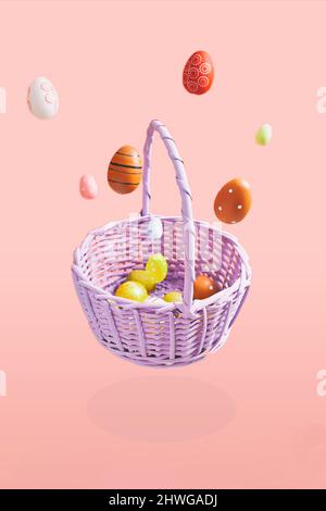 Easter eggs falling into a flying basket, Easter holiday concert Stock Photo