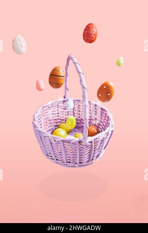 Easter eggs falling into a flying basket, Easter holiday concert Stock Photo