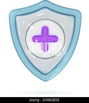 3d glossy shield in realistic style. Screen with purpe cross symbol. Security, guaranteed, medical protection icon. Vector render design elements. Stock Vector