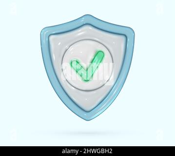 3d glossy shield in realistic style. Glass screen with cross right symbol. Security, guaranteed, medical protection icon. Vector render design elements. Stock Vector