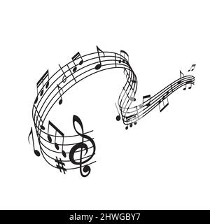 Musical wave of notes on stave, concert or symphonic orchestra vector sign. Classic music live concert or philharmonic band melody notes of clef or tr Stock Vector