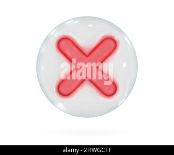 3d cancel cross icon. Red negative or decline glossy glass sign. Vector render design element. Stock Vector
