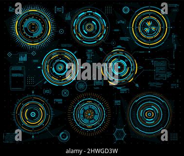 HUD futuristic graphs and circular interface panels. Sci Fi, technology and visual data. Hologram circles of head up display digital screen with blue Stock Vector
