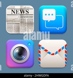 News, camera, e-mail and chat icons with newspaper, lens and paper envelope. Financial news feed, social network and photography shooting, messaging a Stock Vector