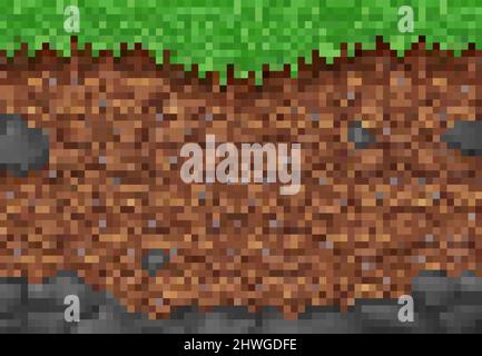 Pixel game background, cubic pixel grass and ground blocks pattern. 8bit gaming interface design. Game scene background or backdrop with soil layer underground cross section view Stock Vector