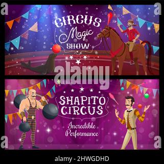 Circus show background. Strongman and juggler in spotlights on stage ...
