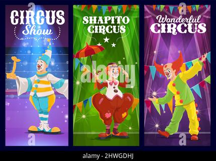 Shapito circus clowns, jesters and harlequin at funfair carnival show, vector banner. Circus carnival and funfair performance of funny cartoon clowns in magic show with balloons and umbrella on stage Stock Vector