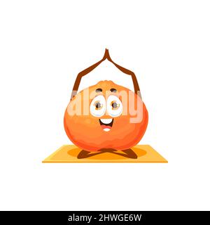 Mandarin cartoon character fitness yoga pilates sport activity workout isolated mascot. Vector clementine citrus fruit, sportive emoticon doing exercises. Vector tangerine orange citrus fruit on mat Stock Vector