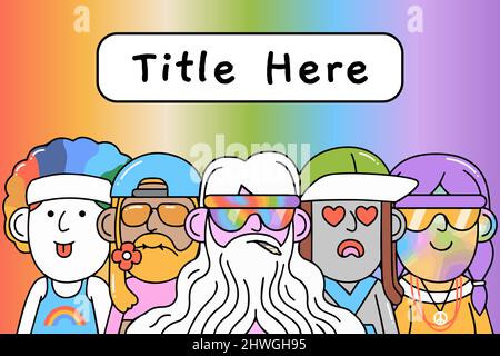 Dippies NFTs character portrait avatar artwork. Hippies people with traits and rainbow color illustration. Customable news banner Stock Vector