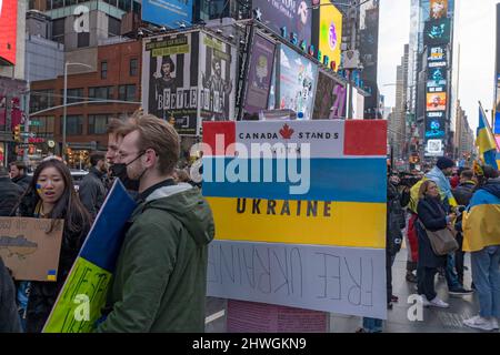 NEW YORK, NEW YORK - MARCH 05: Canada stands with Ukraine seen at the 'Stand With Ukraine' rally in Times Square on March 5, 2022 in New York City. Ukrainians, Ukrainian-Americans and allies gathered to show support for Ukraine and protest against the Russian invasion. Credit: Ron Adar/Alamy Live News Stock Photo