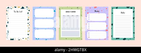 Set collection of colorful blank memo note letter file document diary book template layout with abstract terrazzo seamless pattern. Modern minimalisti Stock Vector