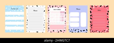 Set collection of colorful blank memo note letter file document diary book template layout with abstract terrazzo seamless pattern. Modern minimalisti Stock Vector