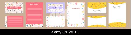 Set collection of colorful birthday greeting card, invitation party printable template. With terrazzo seamless pattern, modern minimalistic trendy abs Stock Vector