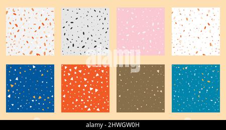 Set collection of colorful venetian terrazzo imitation seamless stone fragments pattern. Modern minimalistic trendy floor tile abstract background vec Stock Vector