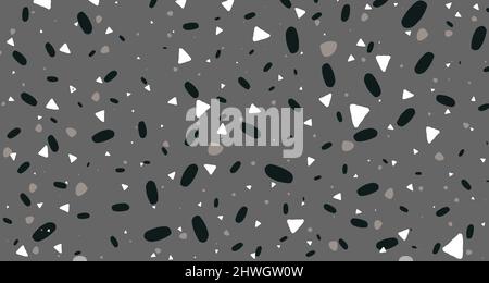 Venetian terrazzo seamless stone fragments pattern in black white grey color. Modern minimalistic trendy floor tile abstract background vector illustr Stock Vector