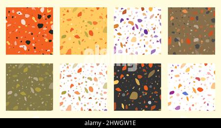 Set collection of colorful venetian terrazzo imitation seamless stone fragments pattern. Modern minimalistic trendy floor tile abstract background vec Stock Vector