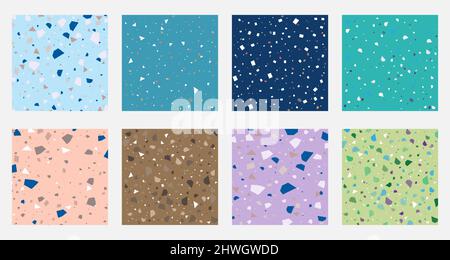Set collection of colorful venetian terrazzo imitation seamless stone fragments pattern. Modern minimalistic trendy floor tile abstract background vec Stock Vector