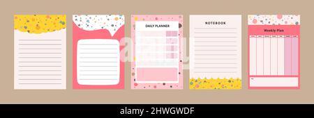 Set collection of colorful blank memo note letter file document diary book template layout with abstract terrazzo seamless pattern. Modern minimalisti Stock Vector