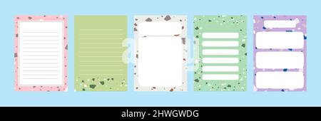 Set collection of colorful blank memo note letter file document diary book template layout with abstract terrazzo seamless pattern. Modern minimalisti Stock Vector