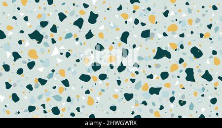 Venetian terrazzo seamless stone fragments pattern in green mint yellow white color. Modern minimalistic trendy floor tile abstract background vector Stock Vector