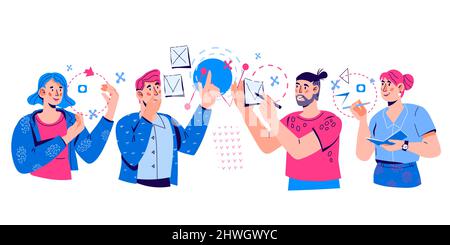 Business, people or office workers studying infographic, analysis and strategy development, flat vector illustration isolated on white. Marketing and Stock Vector