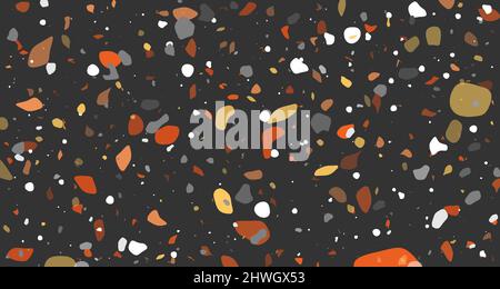 Venetian terrazzo seamless stone fragments pattern in yellow orange black color. Modern minimalistic trendy floor tile abstract background vector illu Stock Vector