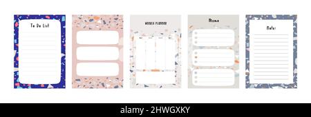 Set collection of colorful blank memo note letter file document diary book template layout with abstract terrazzo seamless pattern. Modern minimalisti Stock Vector