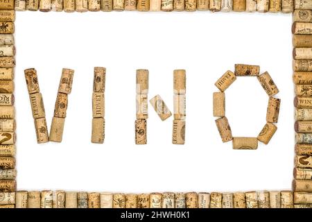 Sibiu city, Romania - April 06, 2020. Cork frame concept made from Old Used corks plugs from different wine producing countries with inscription made Stock Photo