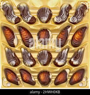 chocolate candies shaped like seafood in the box, top view Stock Photo