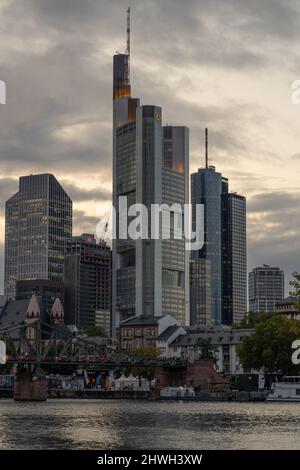 Frankfurt Am Main, Germany. 29th Sep, 2021. Commerzbank Tower, the headquarters of Commerzbank, surrounded by skyscrapers in Frankfurt am Main, on September 29, 2021. (Photo by Alexander Pohl/Sipa USA) Credit: Sipa USA/Alamy Live News Stock Photo