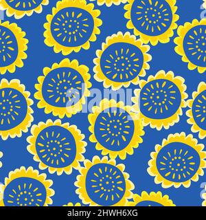 yellow sunflowers seamless vector pattern on blue Stock Vector