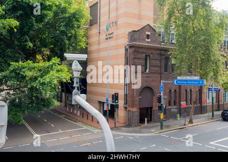 A traffic monitoring camera sits above the corner of Ultimo Road and Darling Drive near the UTS Haymarket buildings in Ultimo, Sydney, Australia Stock Photo