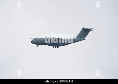 German Air Force at Wunstorf Air Base near Hanover in Germany. Airbus A400M Atlas turboprop military transport aircraft in flight. Stock Photo