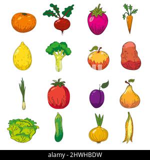 Set of fruits and vegetables illustrations. Hand drawing colorful doodles icon, organic farm product. Vector sketch illustration vintage, retro Stock Vector