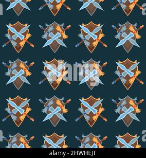 Vector seamless pattern with crossing cartoon swords and shields on dark background. Protection and strength. Rich knightley uniform. Texture Stock Vector