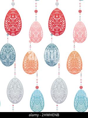 Vector seamless pattern with garlands of hanging Easter eggs with a folk pattern. Festive texture with a treat with a folk ornaments on a white backgr Stock Vector