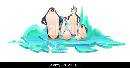 Family of penguins on an ice floe. Birds Parents and children are chicks of different ages and characters. Cheerful funny person. Koik style. Isolated Stock Vector