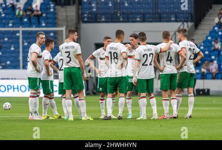 Moscow, Russia – June 5, 2021. Bulgaria national football team players huddling before international friendly Russia vs Bulgaria (1-0). Stock Photo