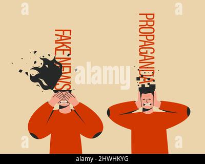 Fake news and propaganda concept. Man and Woman with closed eyes hands. Emotion of anger or fear. Too much information. Vector flat illustration Stock Vector
