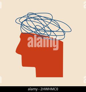 A human head with a tangle of confused thoughts above it. Vector isolated illustration psychological health concept. Stock Vector