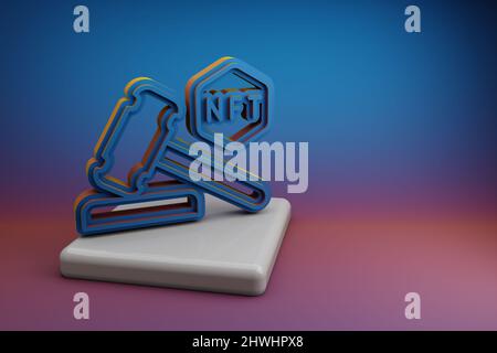 Wonderful NFT Auction icons. Beautiful NFT symbol icons on a ceramic stand and bright colored background. 3d rendering illustration. Background patter Stock Photo