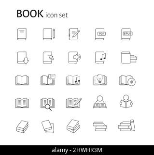 Set of flat linear simple book icons. Group of pictograms for reading, studying, information, education concept. Vector line illustration isolated on Stock Vector
