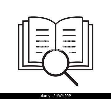 Book with magnifier (magnifying glass), flat linear simple icon. Pictogram for searching, reading, studying, information, education concept. Vector li Stock Vector