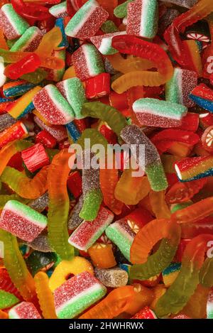 Assorted tasty gummy candies. Top view. Jelly  sweets background. Stock Photo
