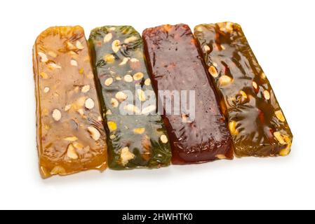Turkish traditional delight with nuts isolated on a white background. Stock Photo
