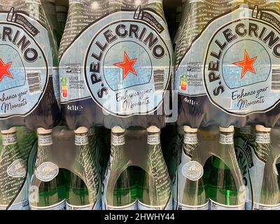 Liege, Belgium - March 3. 2022: Closeup of plastic bottles with logo lettering of s. pellegrino minaeral water Stock Photo