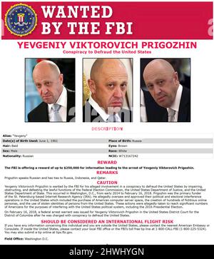 YEVGENTY PRIGOZHIN  FBI Wanted poster for the Russian oligarch. Photo: FBI Stock Photo