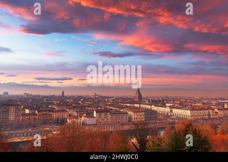 Turin, Piedmont, Italy skyline with the Mole Antonelliana at dusk. Stock Photo